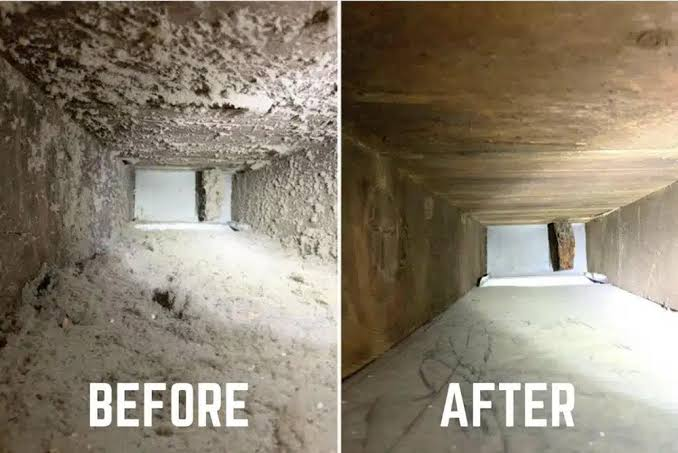 Return-air duct — heavy dust & lint build-up before and after cleaning